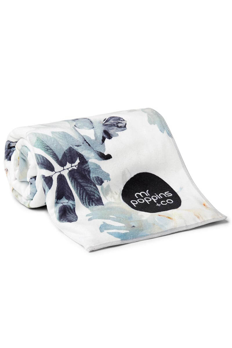 Modern double sided floral print on premium microfibre sand free beach towel with grey stripped back